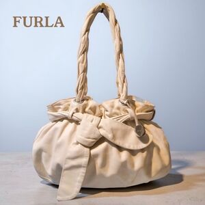 Furla Cream Italian Leather Hobo Shoulder Bag with Bow Accent and Furla Charm